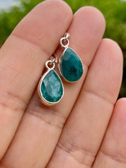 Raw Emerald Dangle Earrings, Teardrop 12mm x 8mm, Sterling Silver, Handmade UK