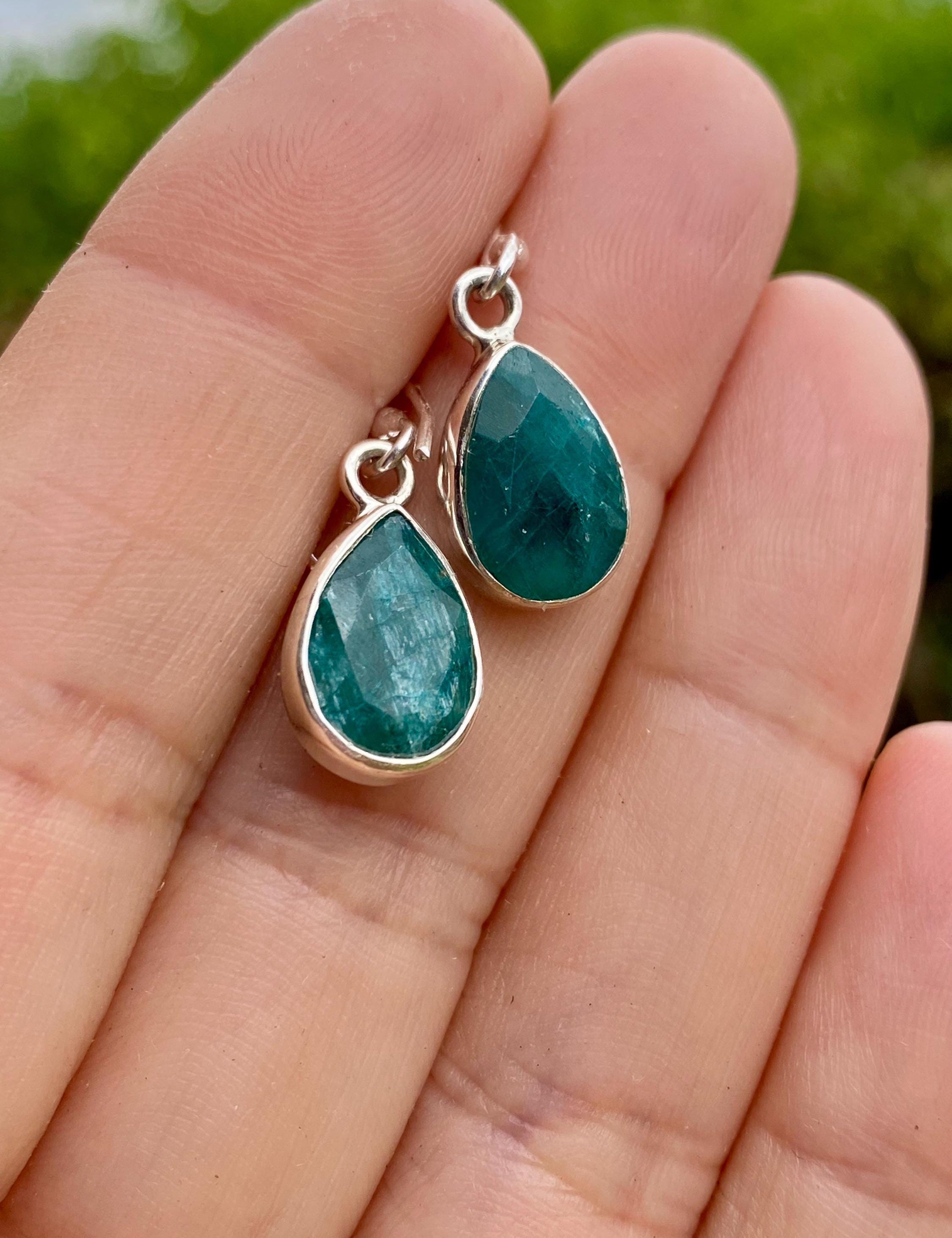 Raw Emerald Dangle Earrings, Teardrop 12mm x 8mm, Sterling Silver, Handmade UK