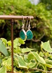Raw Emerald Dangle Earrings, Teardrop 14mm x 10mm, Sterling Silver, Handmade UK