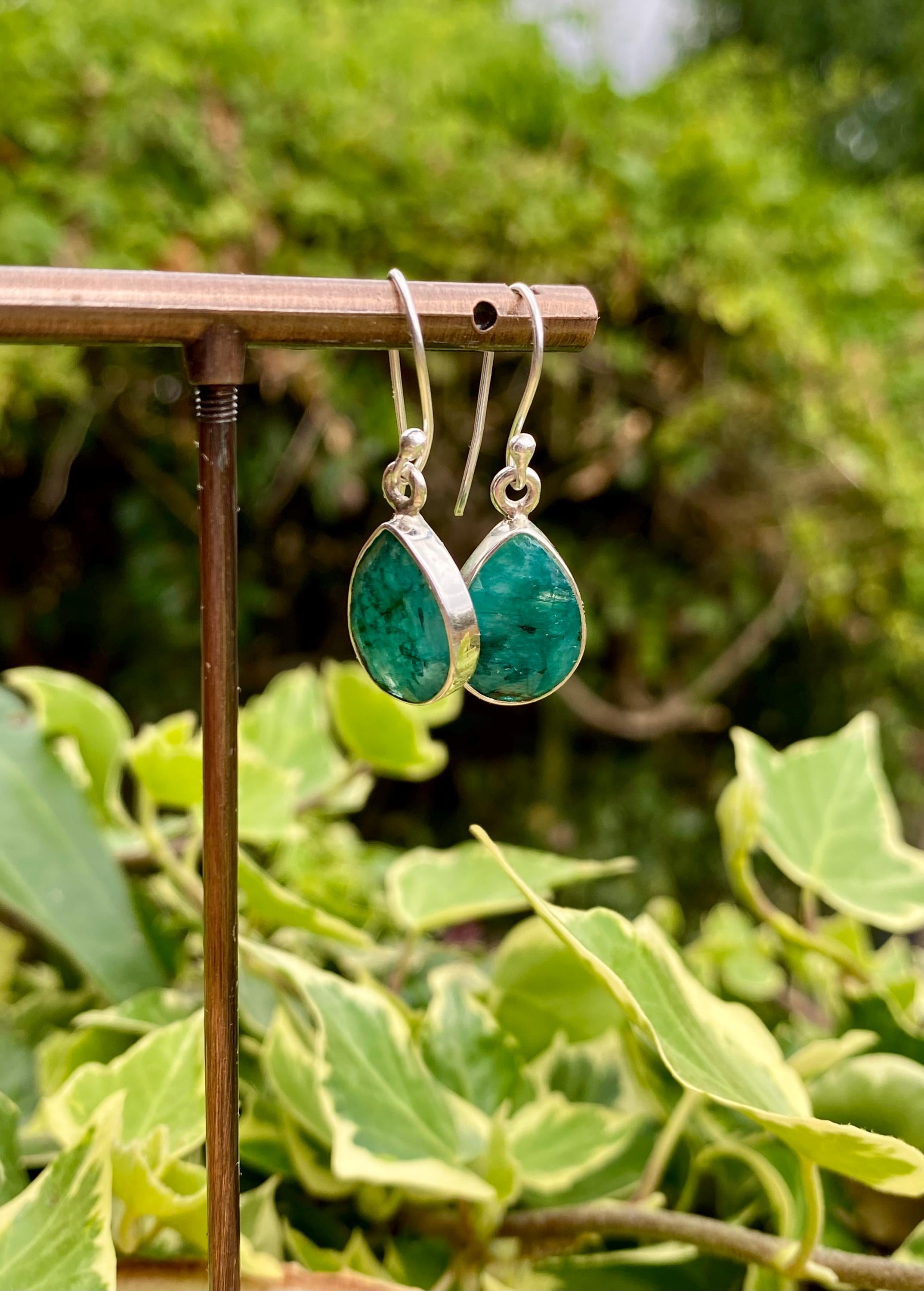 Raw Emerald Dangle Earrings, Teardrop 14mm x 10mm, Sterling Silver, Handmade UK