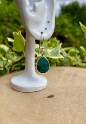 Raw Emerald Dangle Earrings, Teardrop 14mm x 10mm, Sterling Silver, Handmade UK