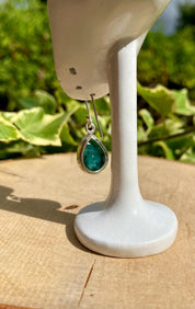 Raw Emerald Dangle Earrings, Teardrop 14mm x 10mm, Sterling Silver, Handmade UK