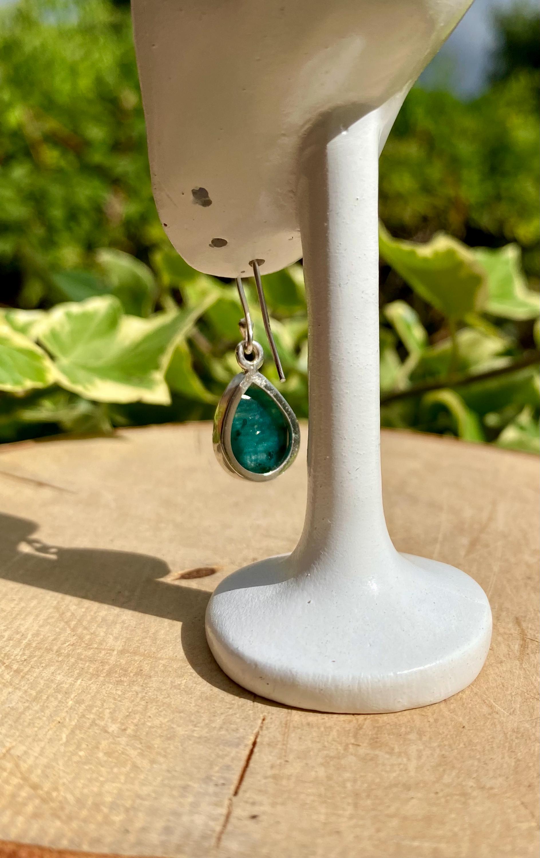 Raw Emerald Dangle Earrings, Teardrop 14mm x 10mm, Sterling Silver, Handmade UK