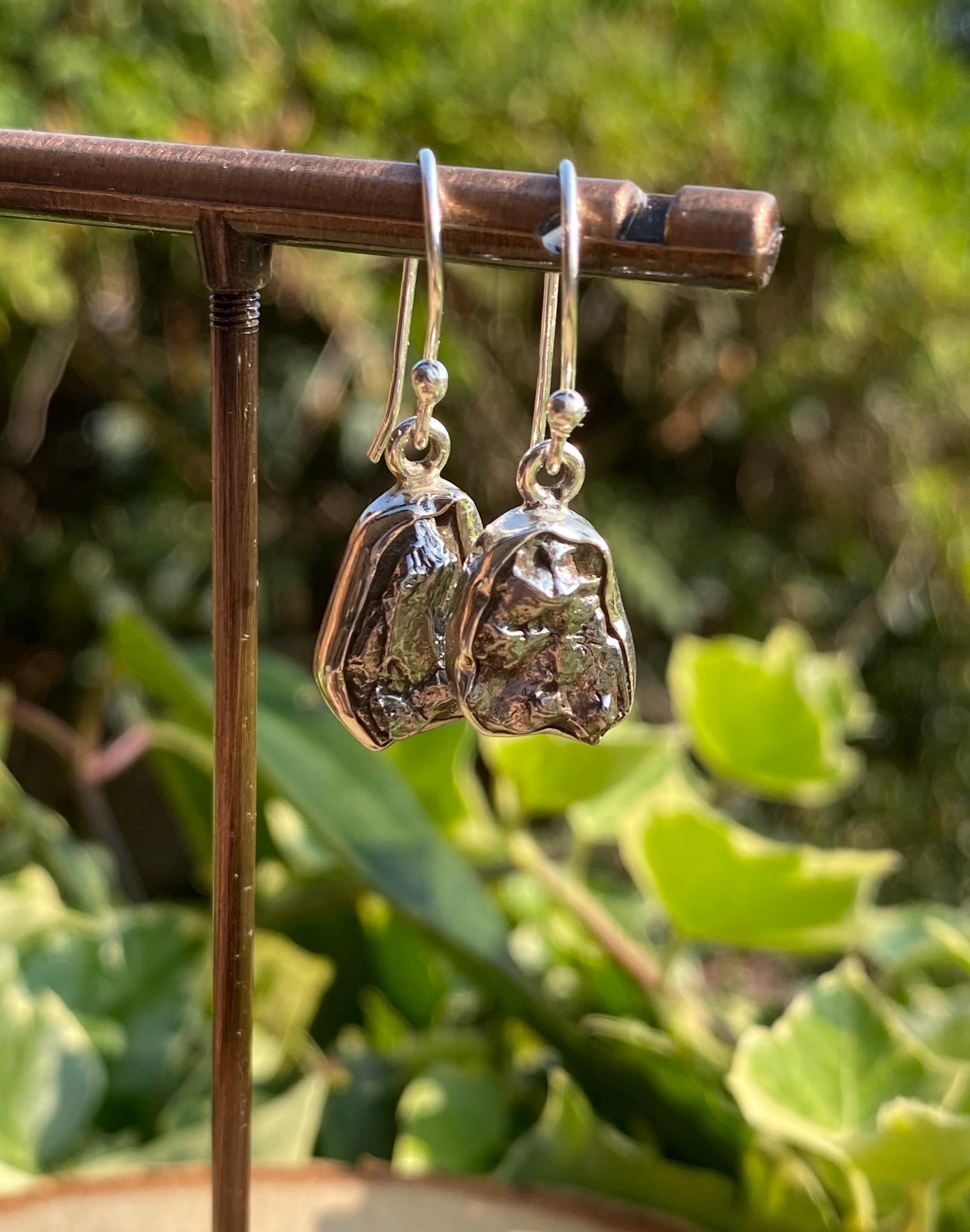 Meteorite Dangle Earrings: Sterling Silver Hexagon - Handmade Galaxy Jewellery