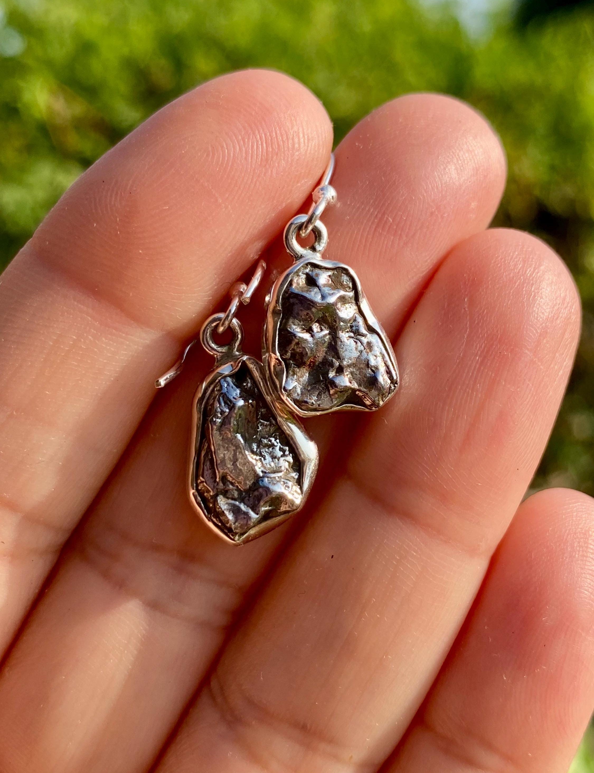 Meteorite Dangle Earrings: Sterling Silver Hexagon - Handmade Galaxy Jewellery