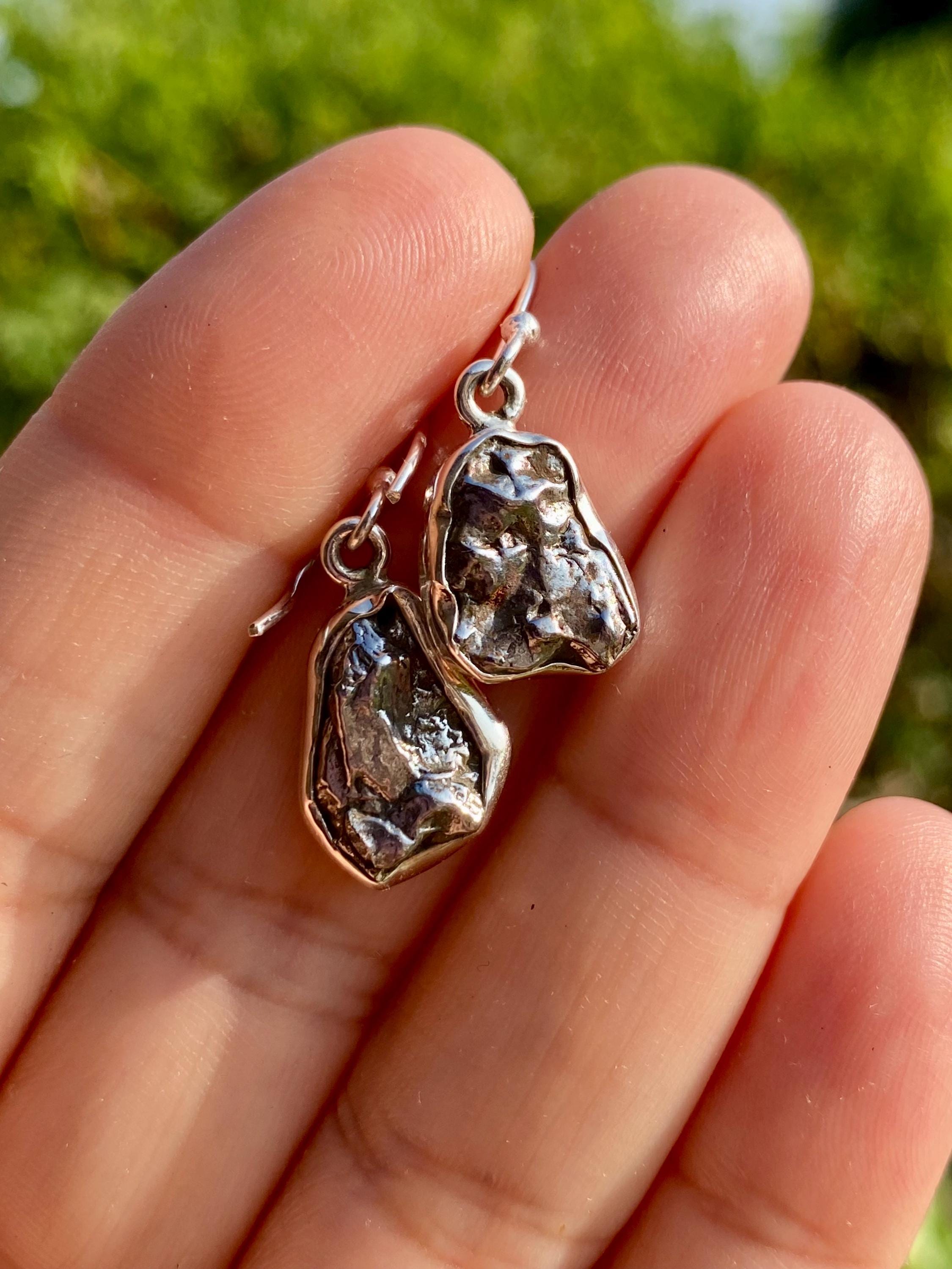 Meteorite Dangle Earrings: Sterling Silver Hexagon - Handmade Galaxy Jewellery