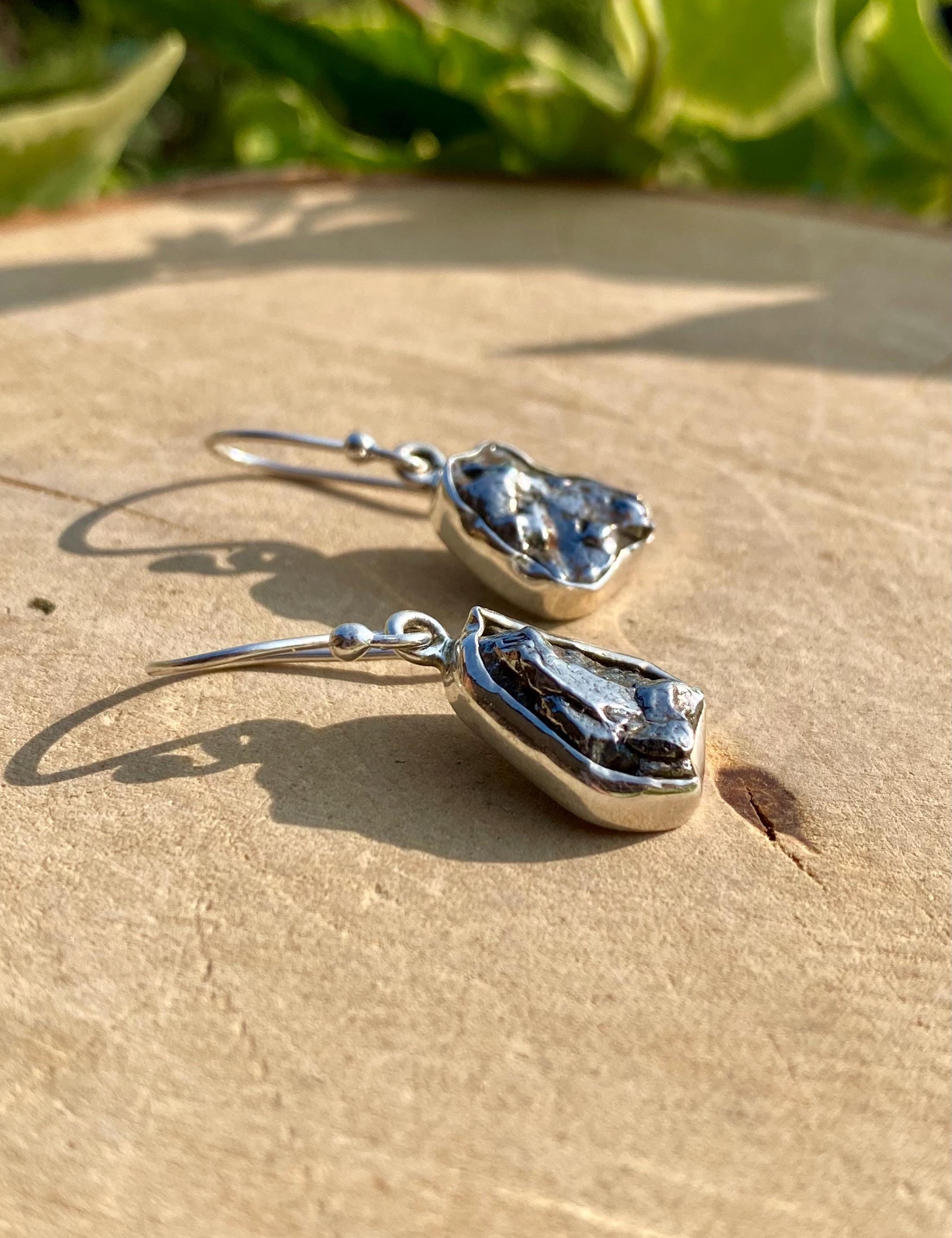 Meteorite Dangle Earrings: Sterling Silver Hexagon - Handmade Galaxy Jewellery