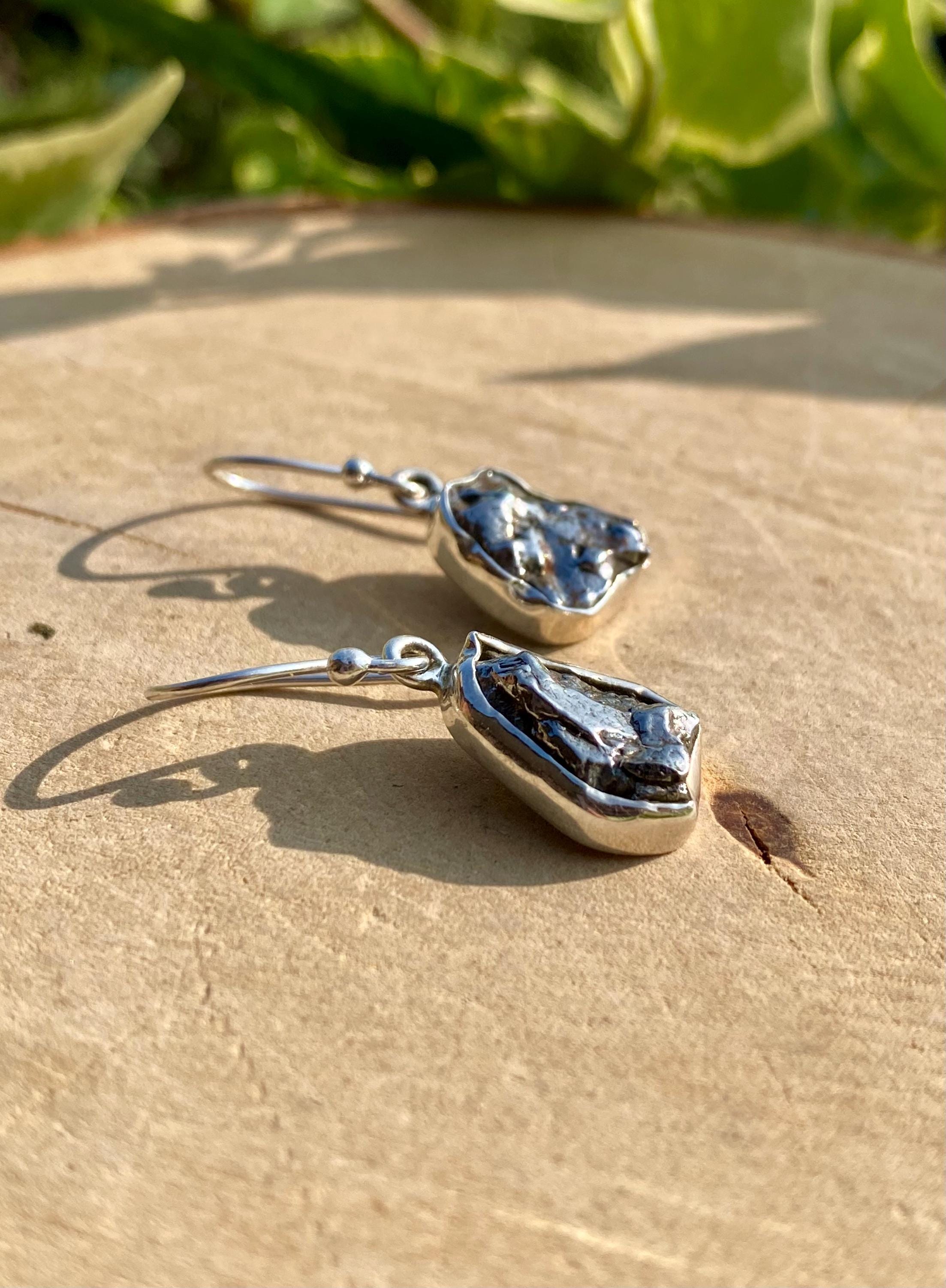 Meteorite Dangle Earrings: Sterling Silver Hexagon - Handmade Galaxy Jewellery