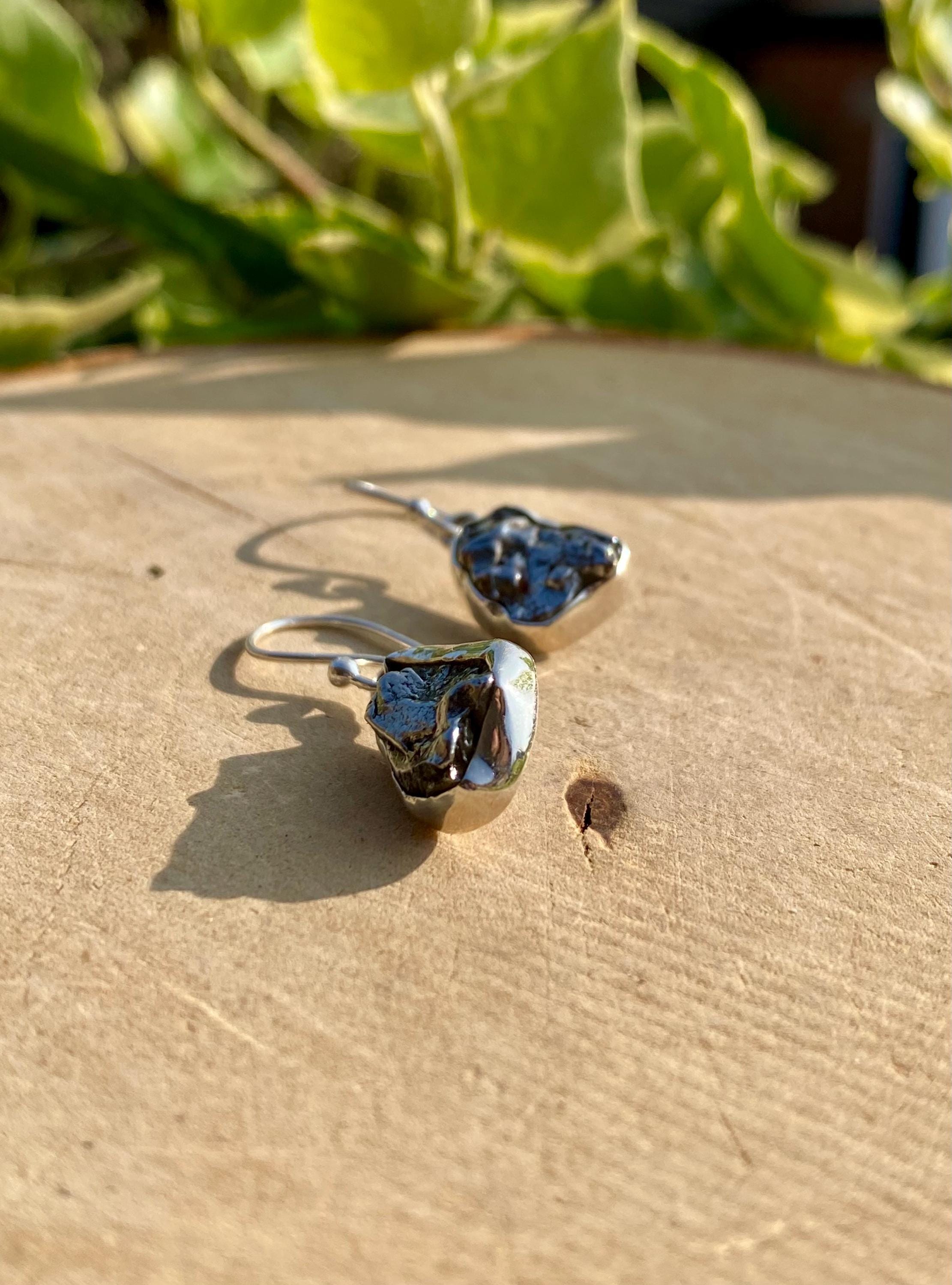 Meteorite Dangle Earrings: Sterling Silver Hexagon - Handmade Galaxy Jewellery