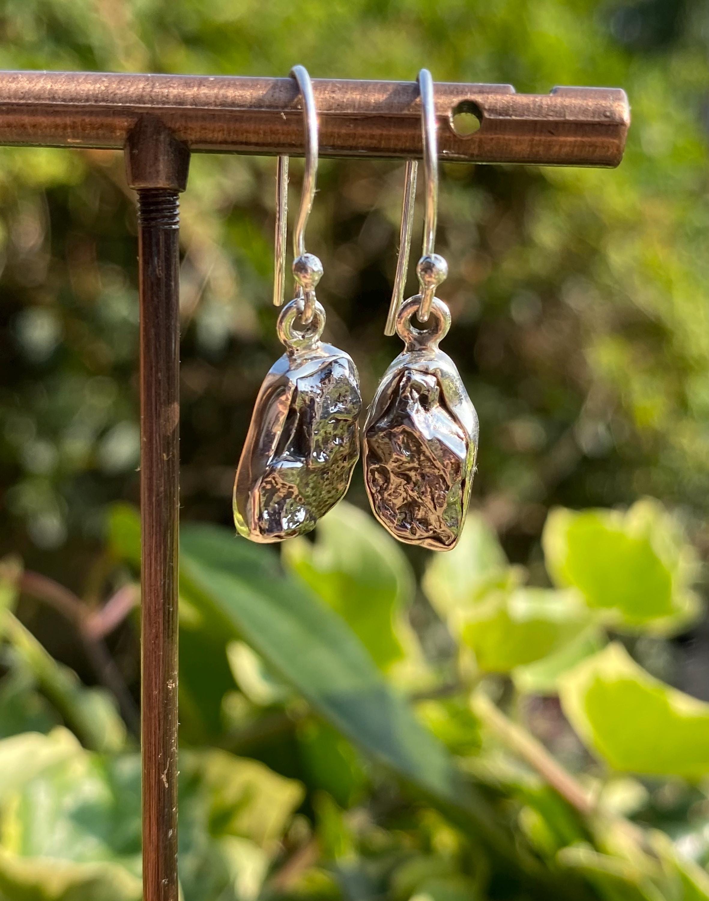 Meteorite Dangle Earrings: Sterling Silver Hexagon - Handmade Galaxy Jewellery