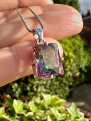 Mystic Topaz Sterling Silver Pendant: Emerald Cut Rainbow Gem