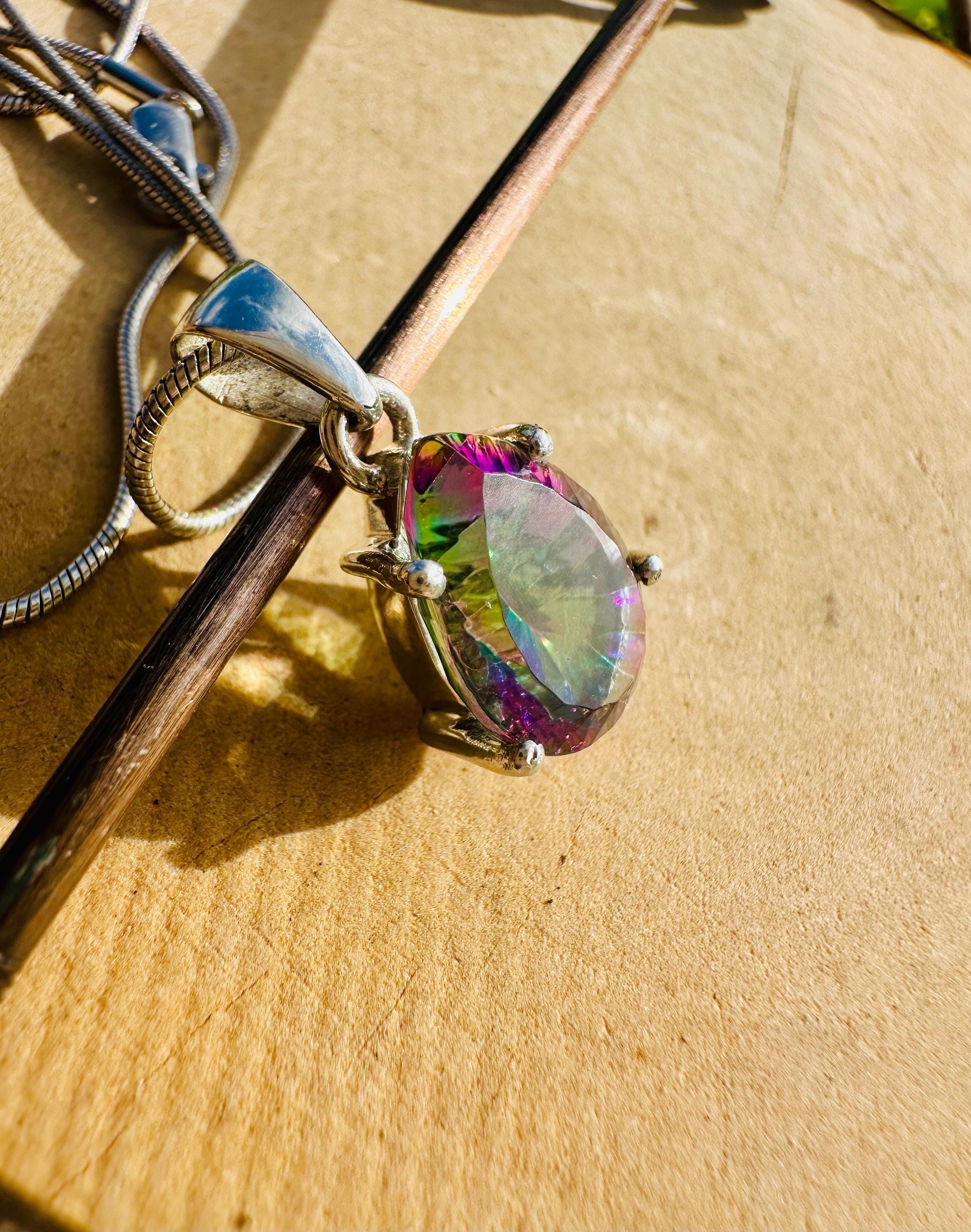 Mystic Topaz Teardrop Pendant: Sterling Silver, Handmade UK
