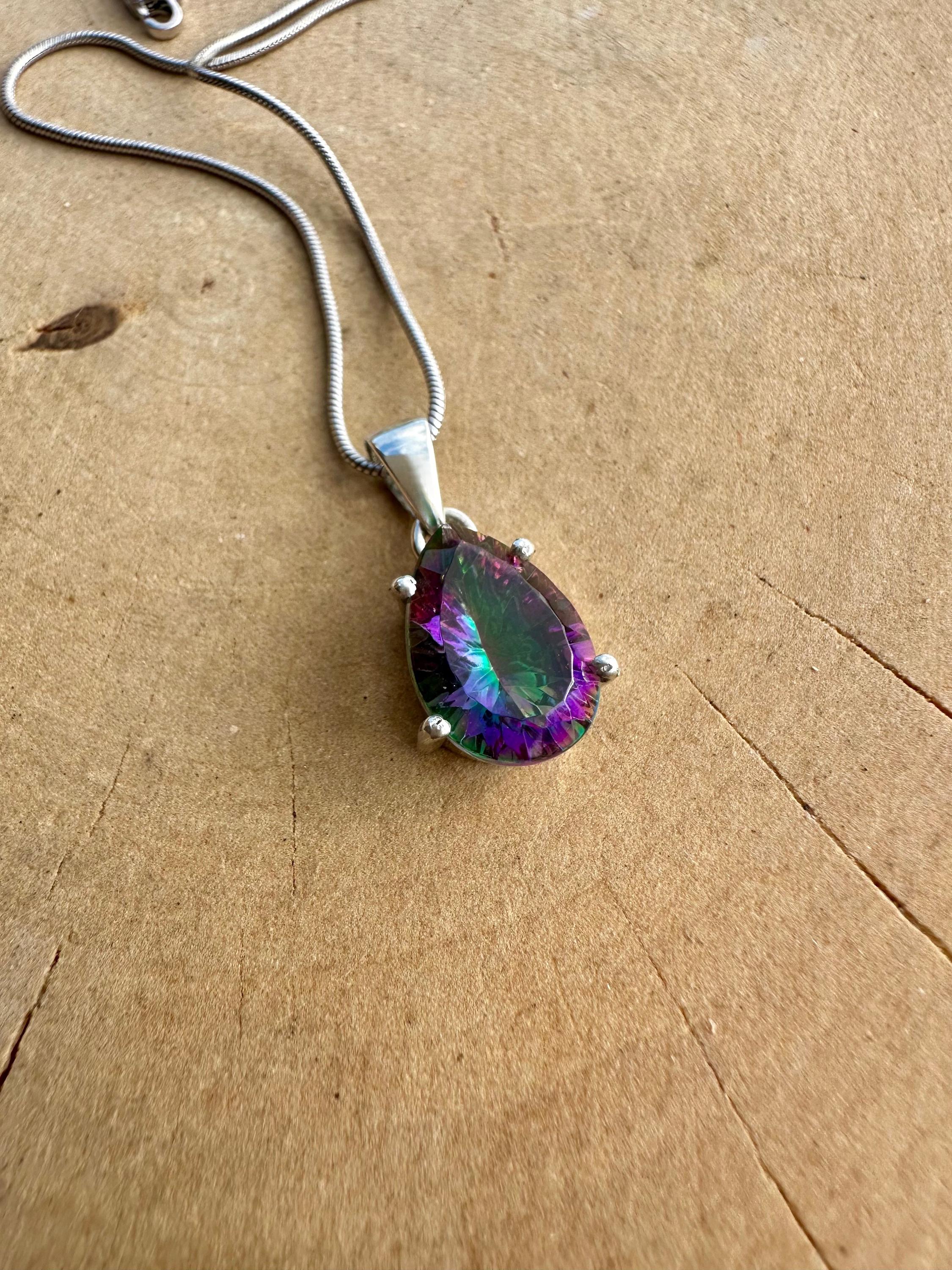 Mystic Topaz Teardrop Pendant: Sterling Silver, Handmade UK