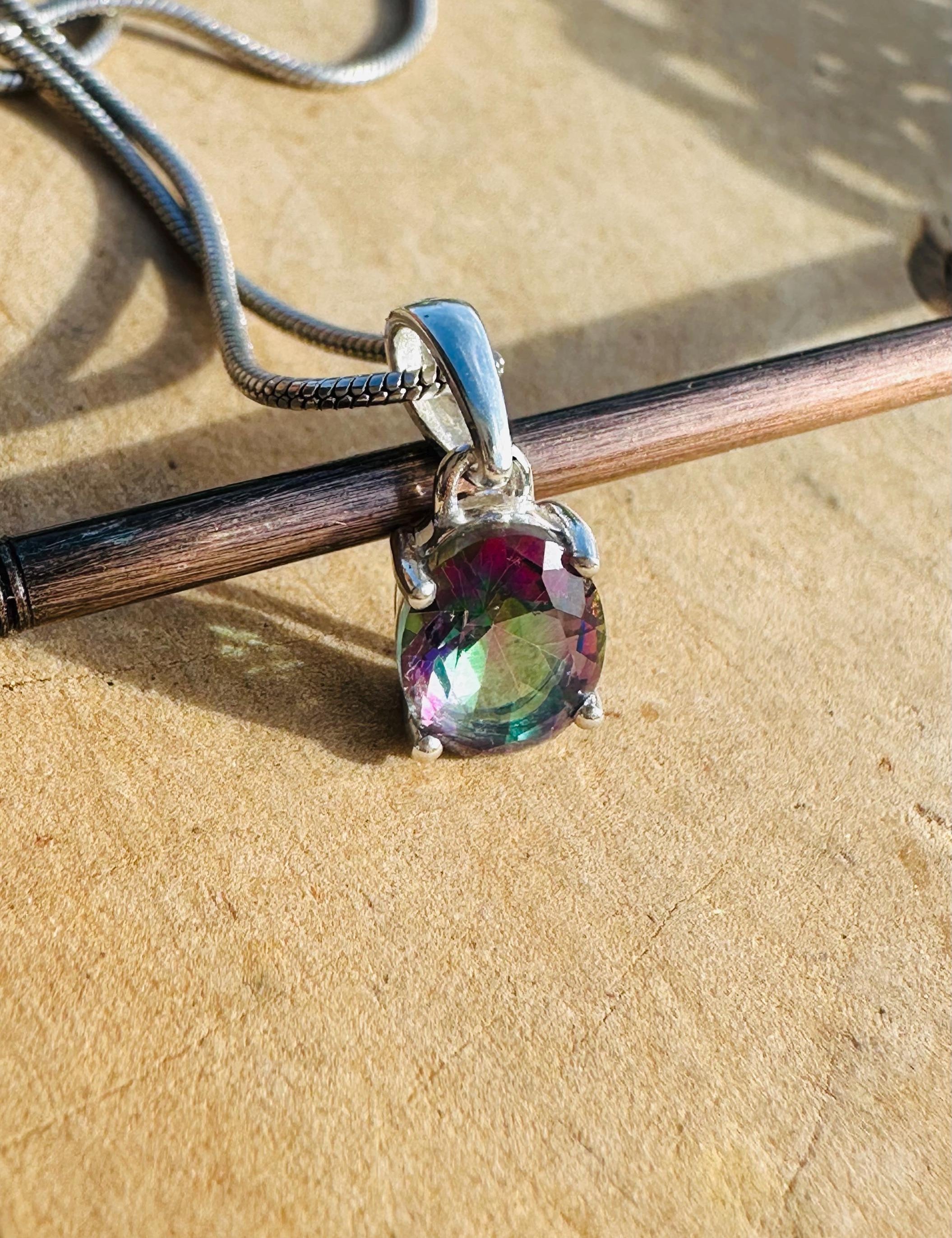 Mystic Topaz Sterling Silver Pendant: Rainbow Gemstone, Handmade