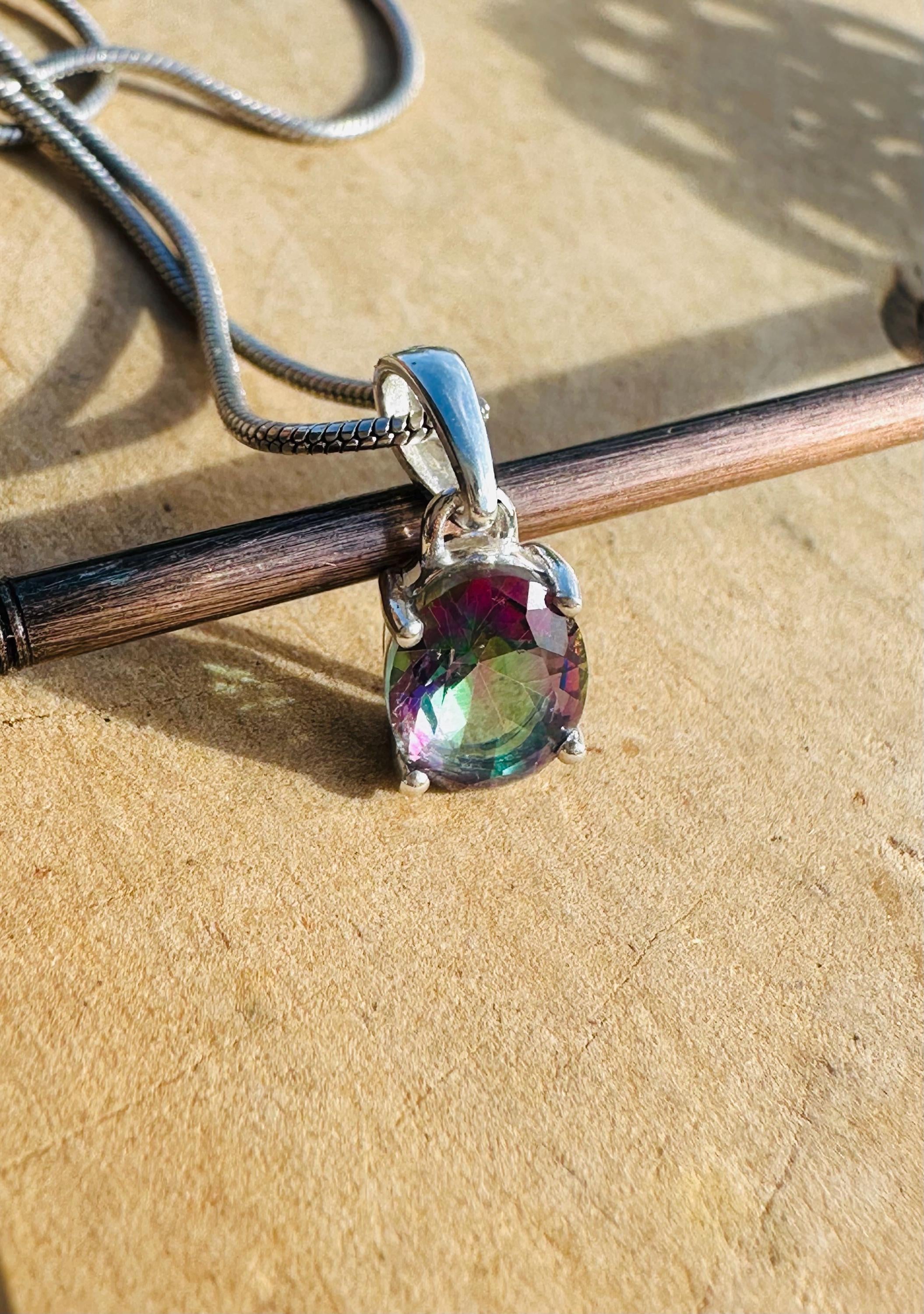 Mystic Topaz Sterling Silver Pendant: Rainbow Gemstone, Handmade