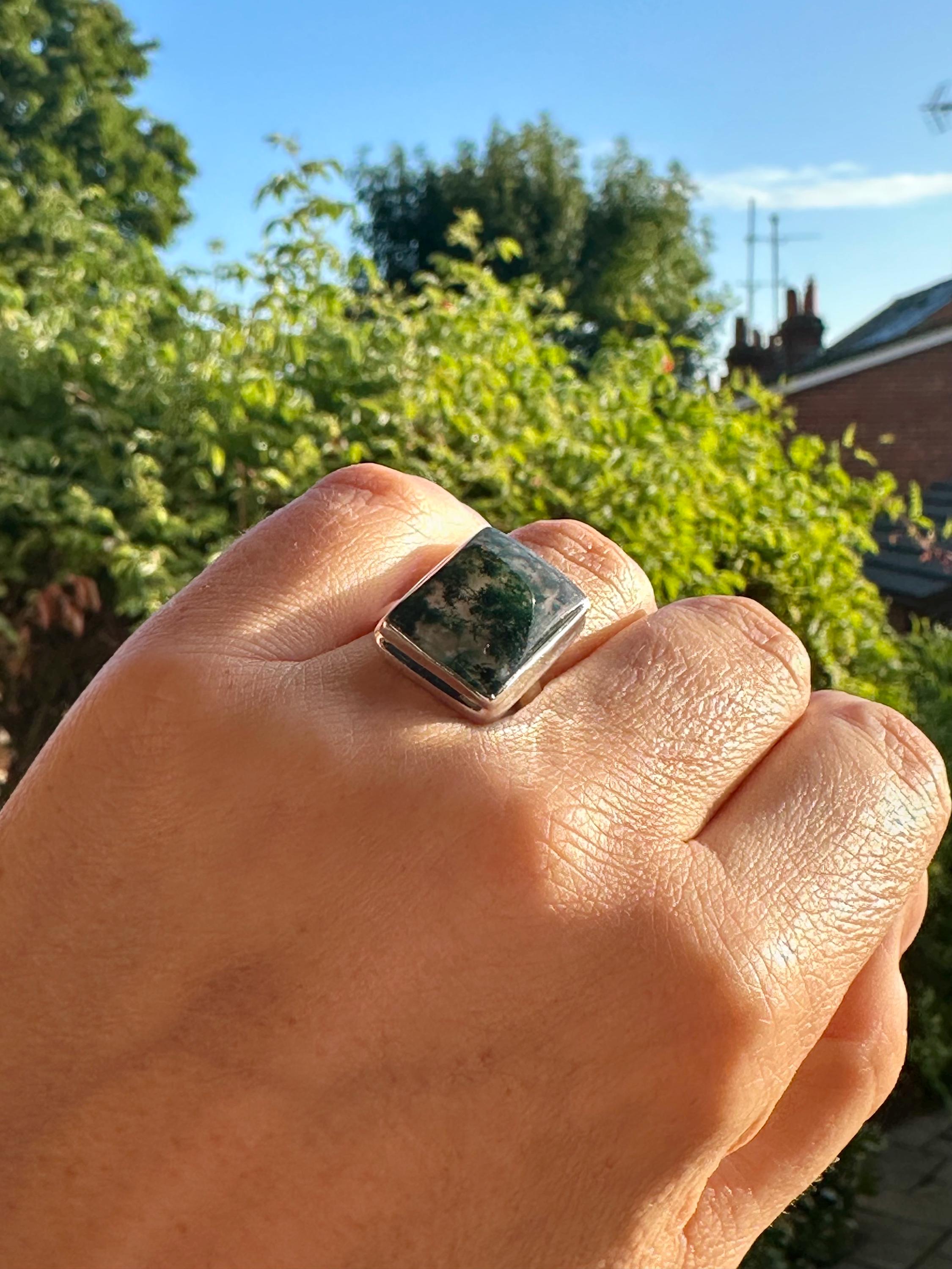 Moss Agate Ring, Rectangle 20mm x 15mm Sterling Silver, Handmade UK gift