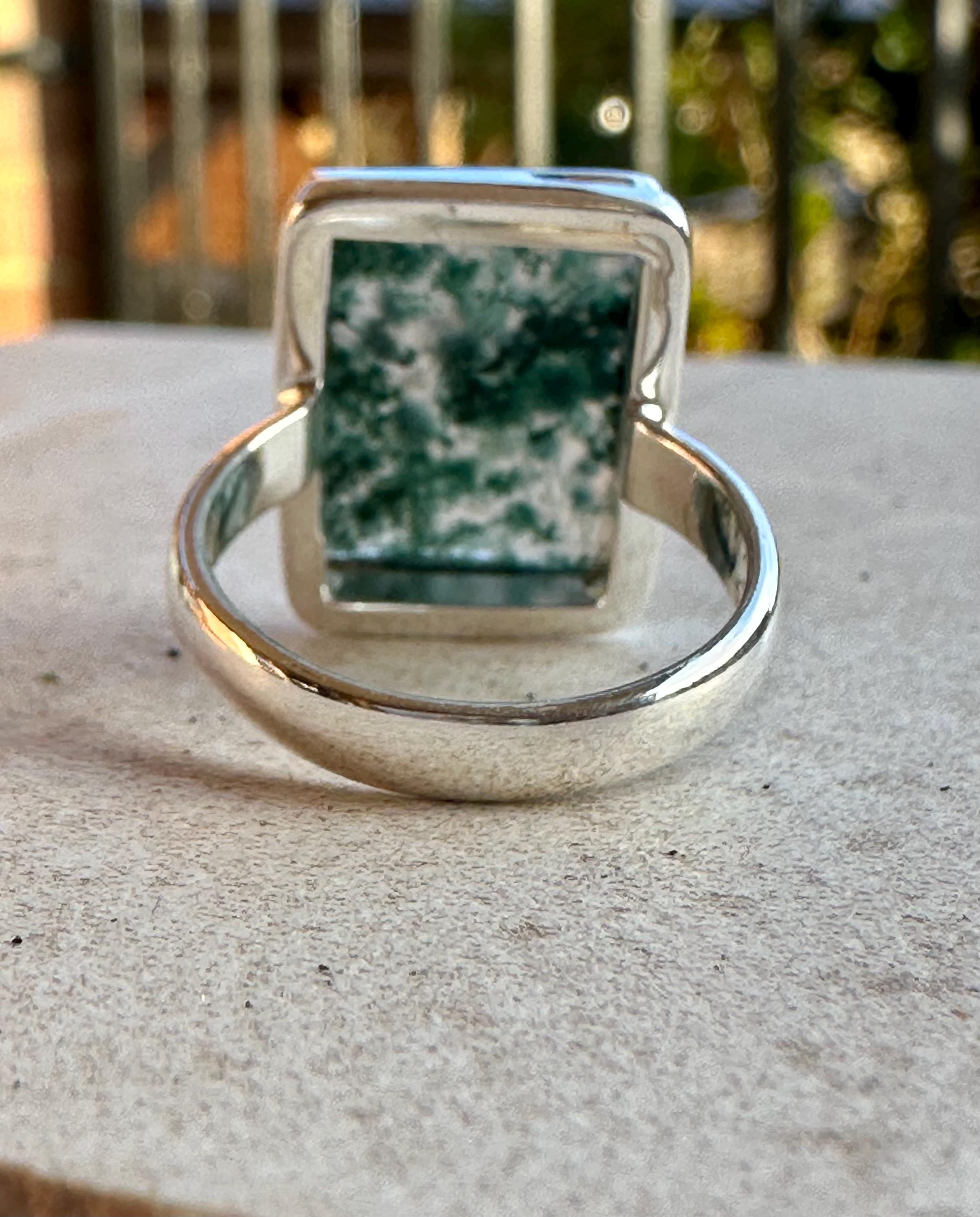 Moss Agate Ring, Rectangle 20mm x 15mm Sterling Silver, Handmade UK gift
