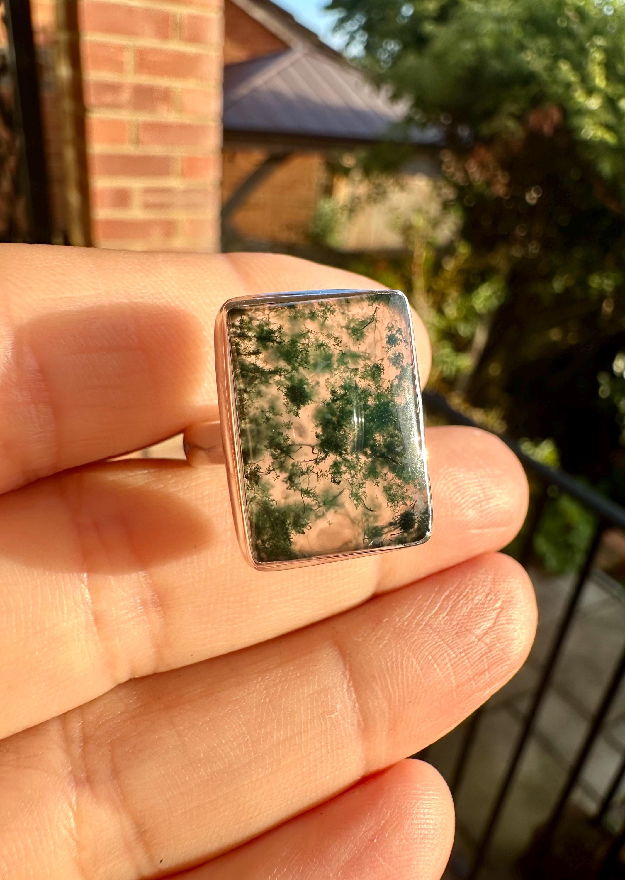 Moss Agate Ring, Rectangle 20mm x 15mm Sterling Silver, Handmade UK gift