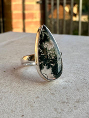 Moss Agate Ring, Teardrop 25mm x 11mm Sterling Silver, Handmade UK gift