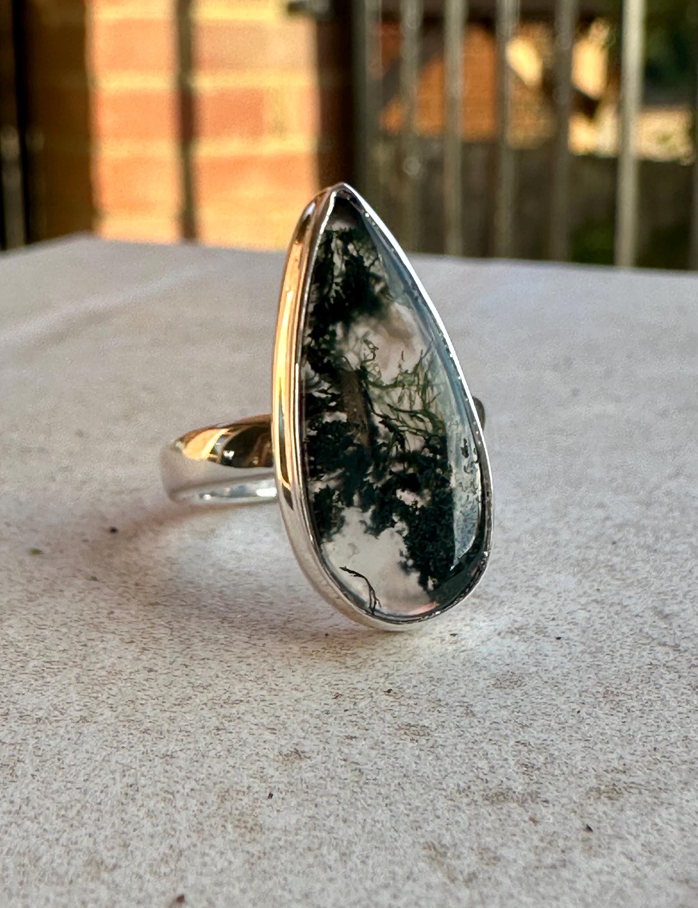 Moss Agate Ring, Teardrop 25mm x 11mm Sterling Silver, Handmade UK gift