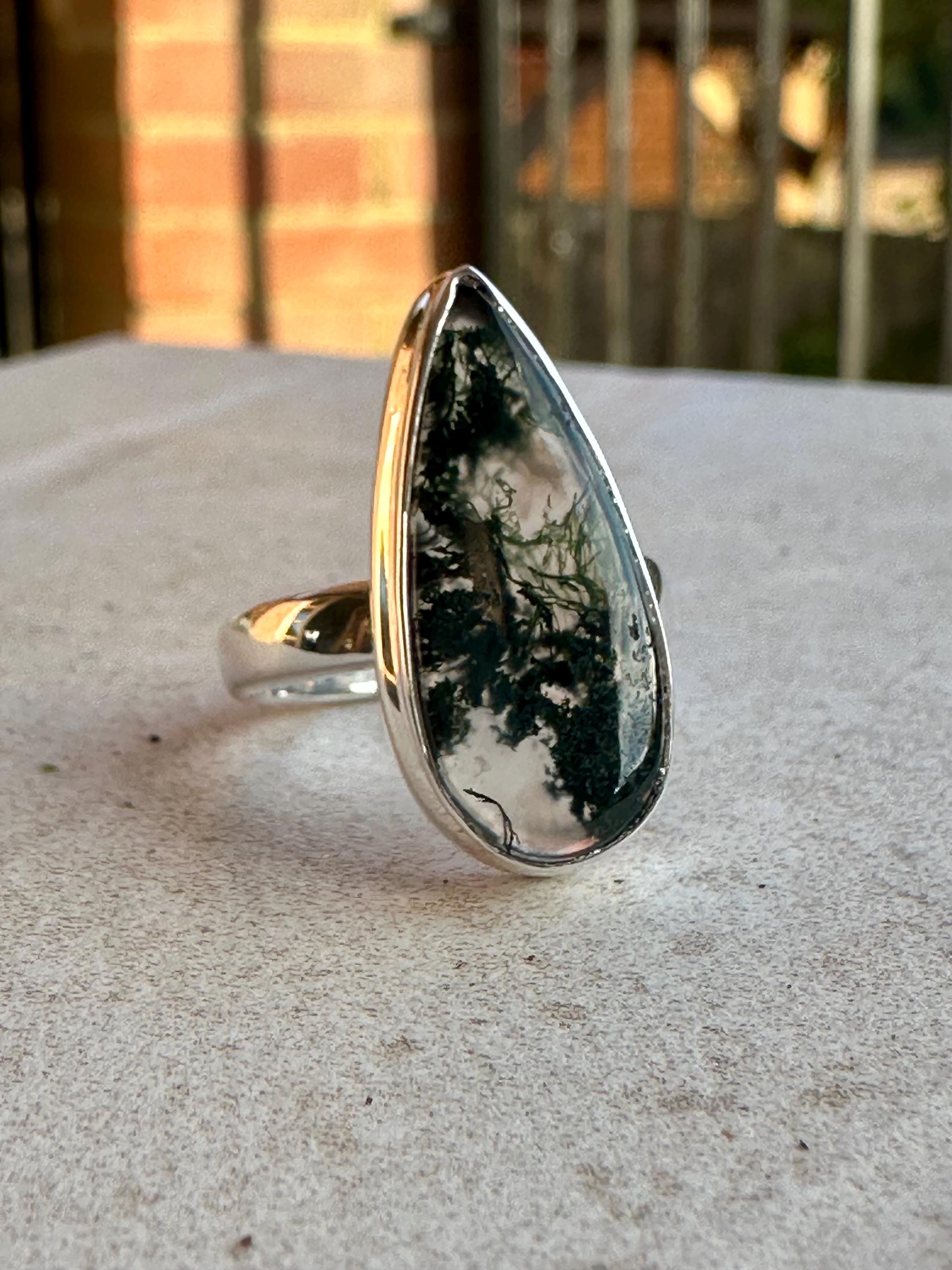 Moss Agate Ring, Teardrop 25mm x 11mm Sterling Silver, Handmade UK gift