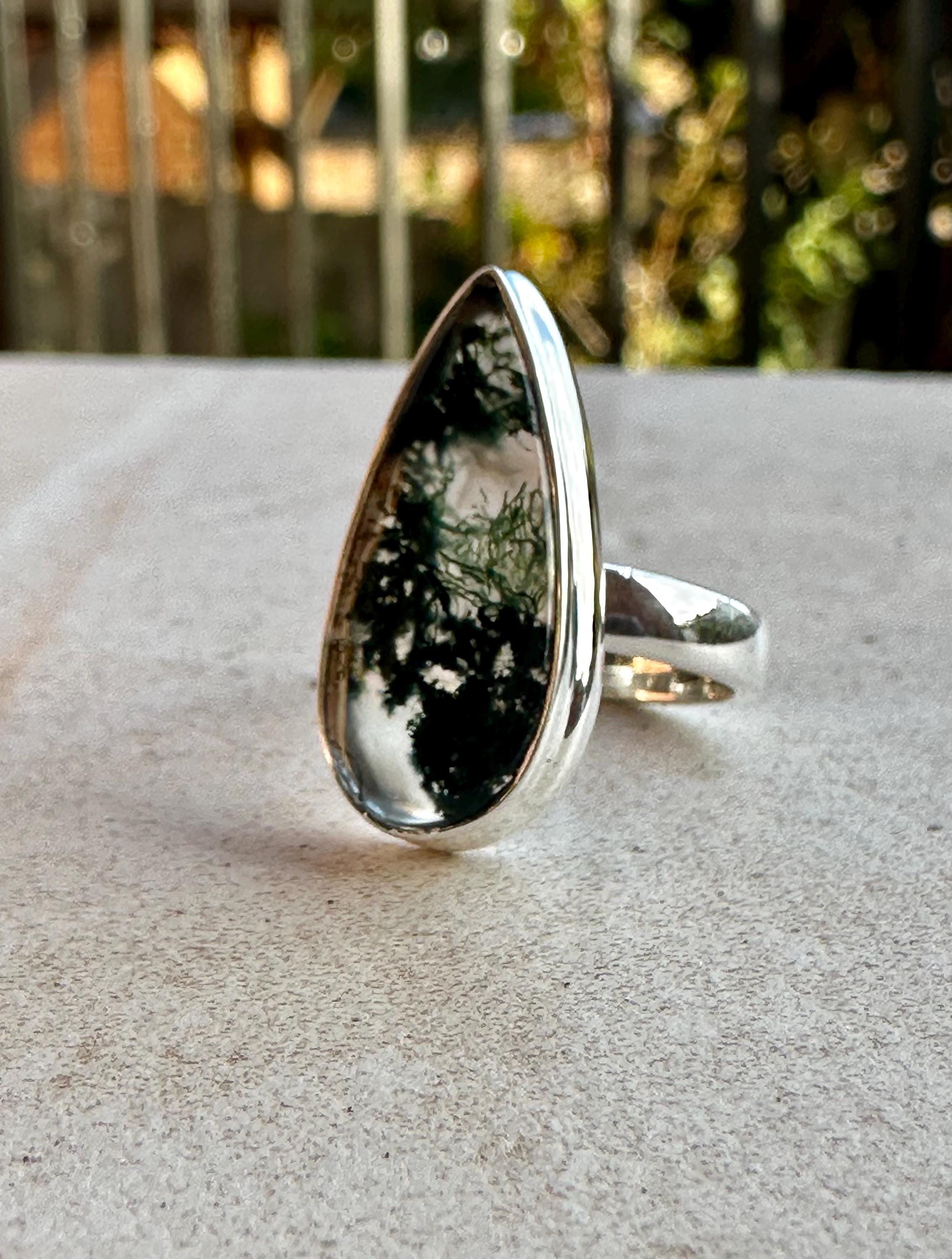 Moss Agate Ring, Teardrop 25mm x 11mm Sterling Silver, Handmade UK gift