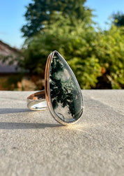 Moss Agate Ring, Teardrop 25mm x 11mm Sterling Silver, Handmade UK gift