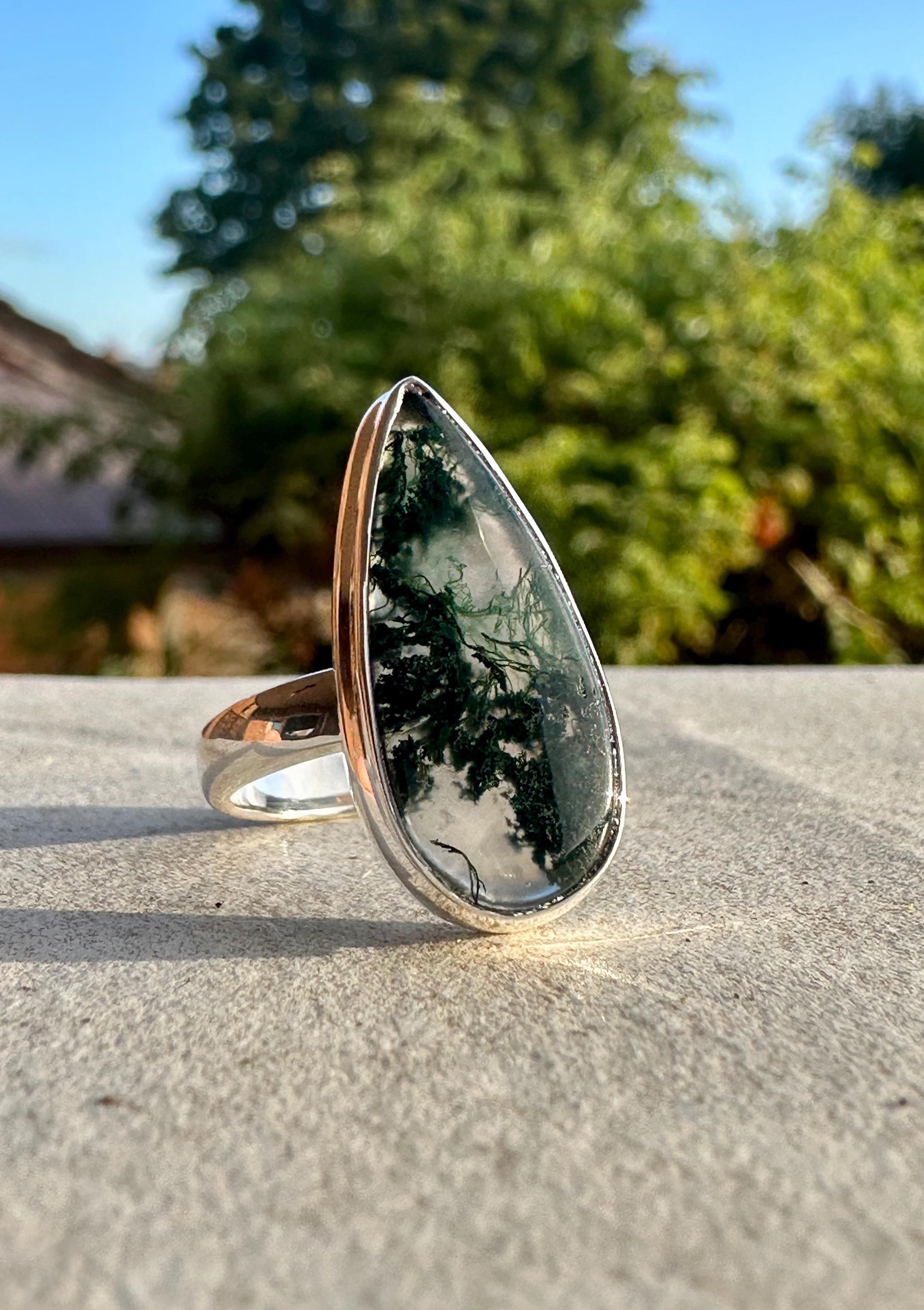 Moss Agate Ring, Teardrop 25mm x 11mm Sterling Silver, Handmade UK gift