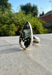 Moss Agate Ring, Teardrop 25mm x 11mm Sterling Silver, Handmade UK gift