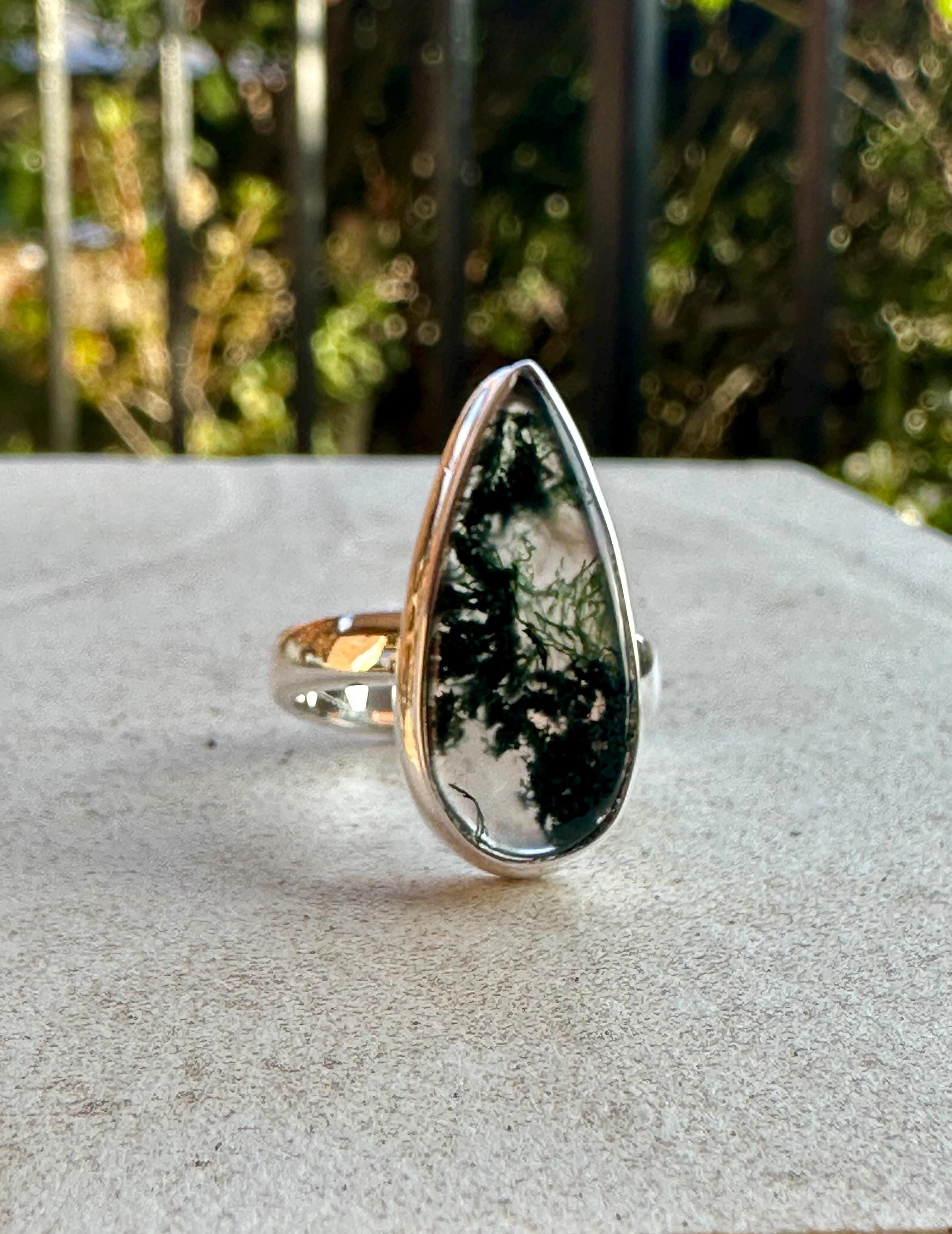 Moss Agate Ring, Teardrop 25mm x 11mm Sterling Silver, Handmade UK gift