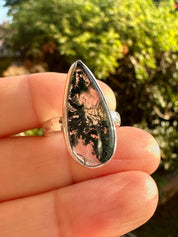 Moss Agate Ring, Teardrop 25mm x 11mm Sterling Silver, Handmade UK gift