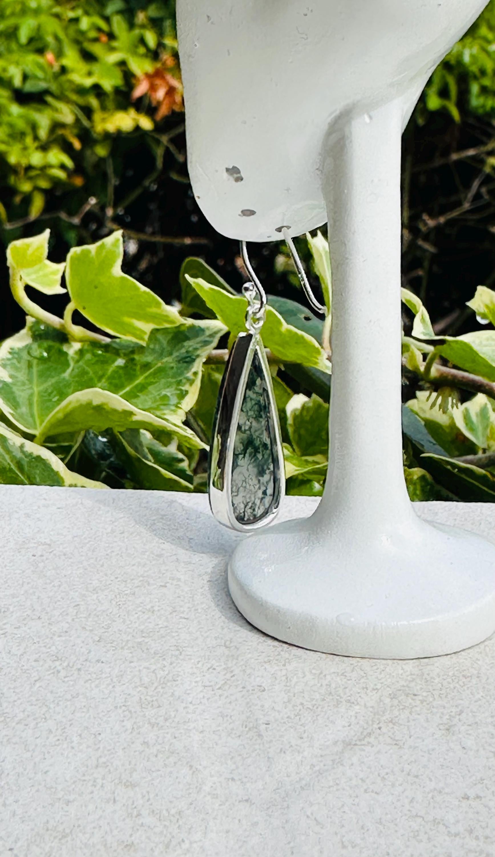 Moss Agate Dangle Earrings, Large Teardrop 27mm x 12mm Sterling Silver, Handmade UK gift