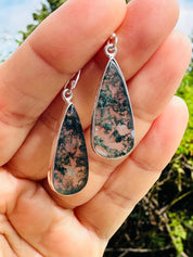 Moss Agate Dangle Earrings, Large Teardrop 27mm x 12mm Sterling Silver, Handmade UK gift