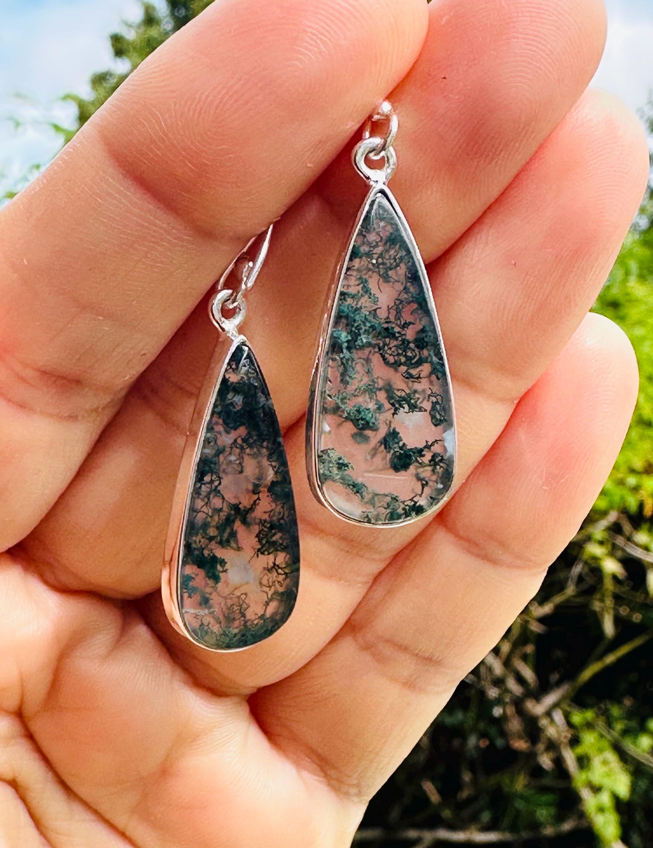 Moss Agate Dangle Earrings, Large Teardrop 27mm x 12mm Sterling Silver, Handmade UK gift