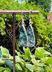 Moss Agate Dangle Earrings, Large Teardrop 27mm x 12mm Sterling Silver, Handmade UK gift