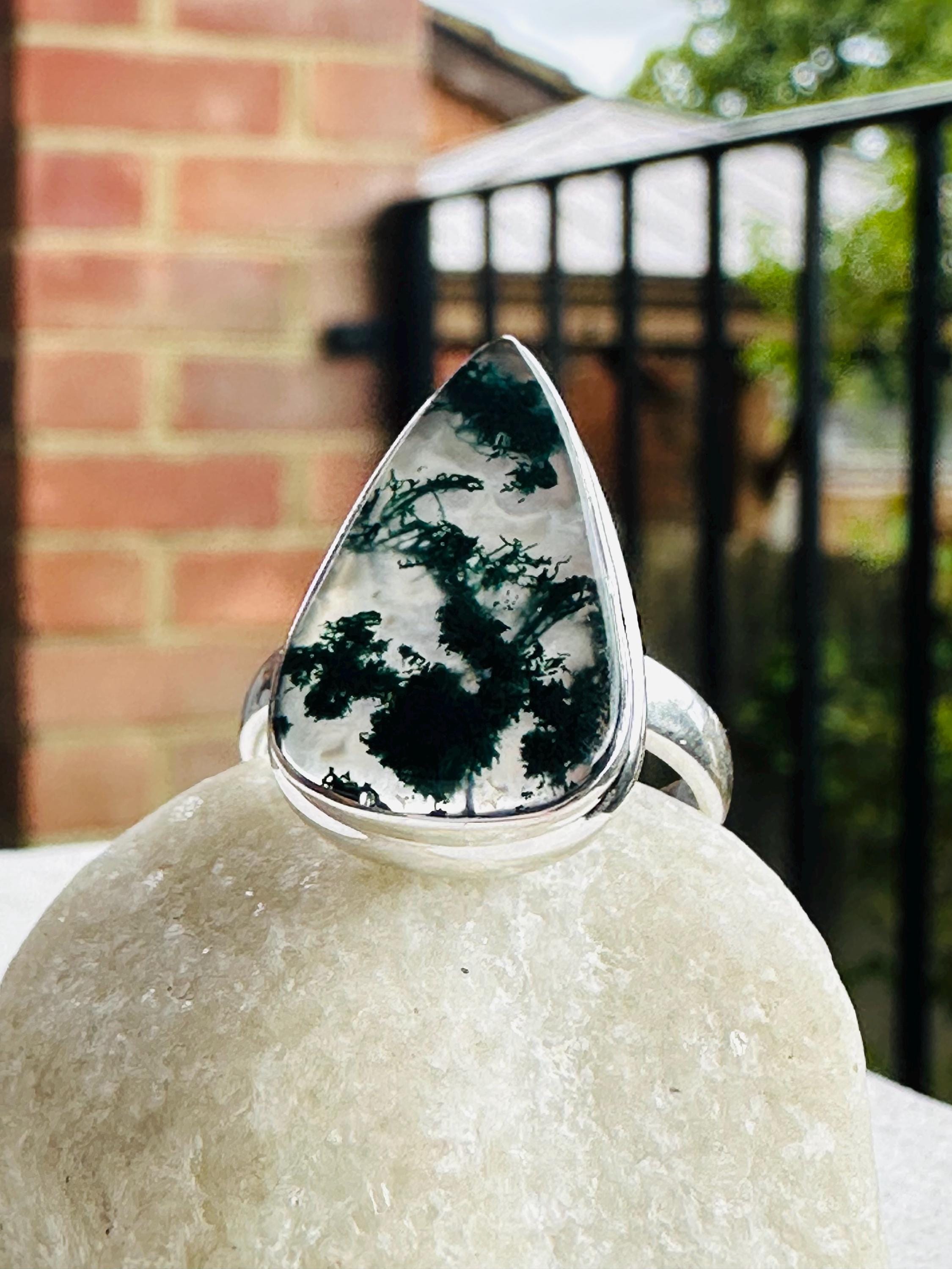 Moss Agate Sterling Silver Ring: Handmade Green Gemstone, UK Size R 1/2 / US 9