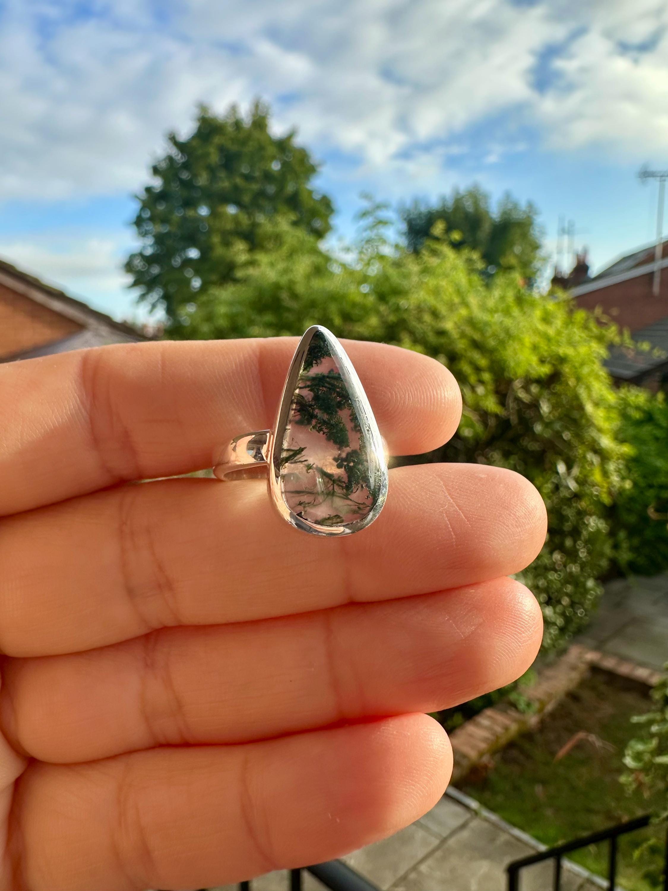 Moss Agate Sterling Silver Ring: Handmade Gemstone Jewelry, UK Size P1/2 / US 8