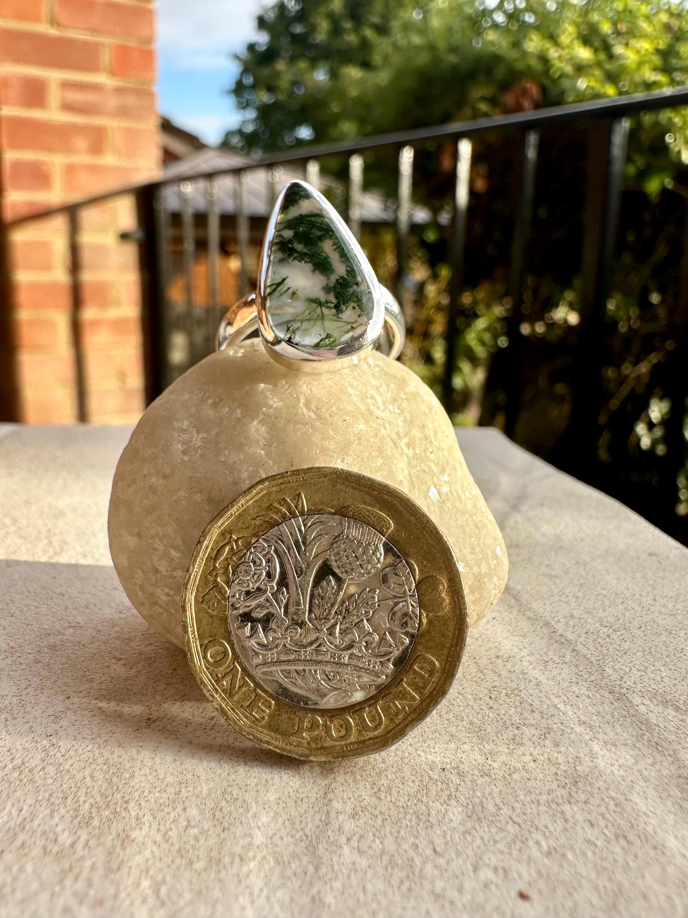 Moss Agate Sterling Silver Ring: Handmade Gemstone Jewelry, UK Size P1/2 / US 8