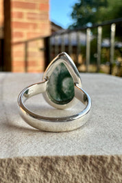 Moss Agate Sterling Silver Ring: Teardrop Gemstone, Handmade UK, Size 7