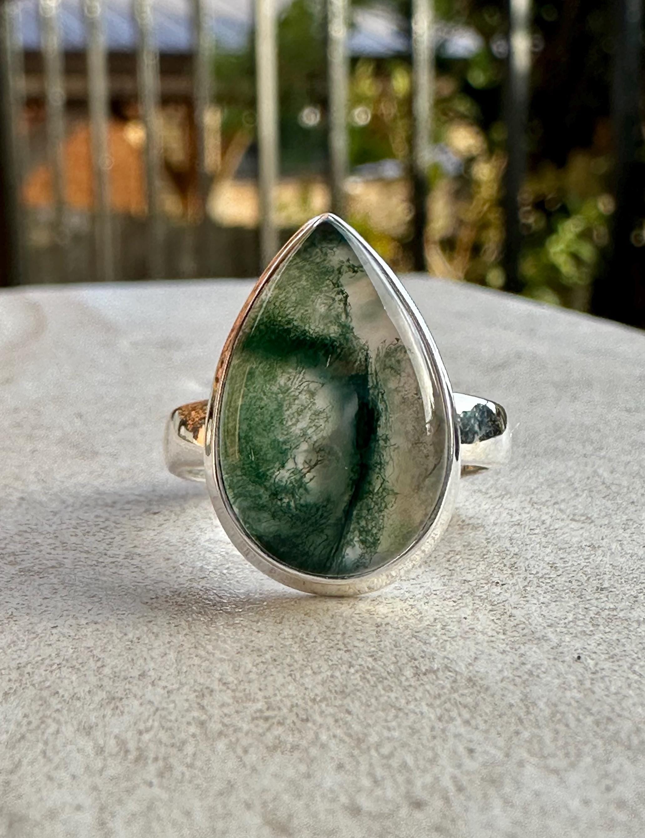 Moss Agate Sterling Silver Ring: Teardrop Gemstone, Handmade UK, Size 7