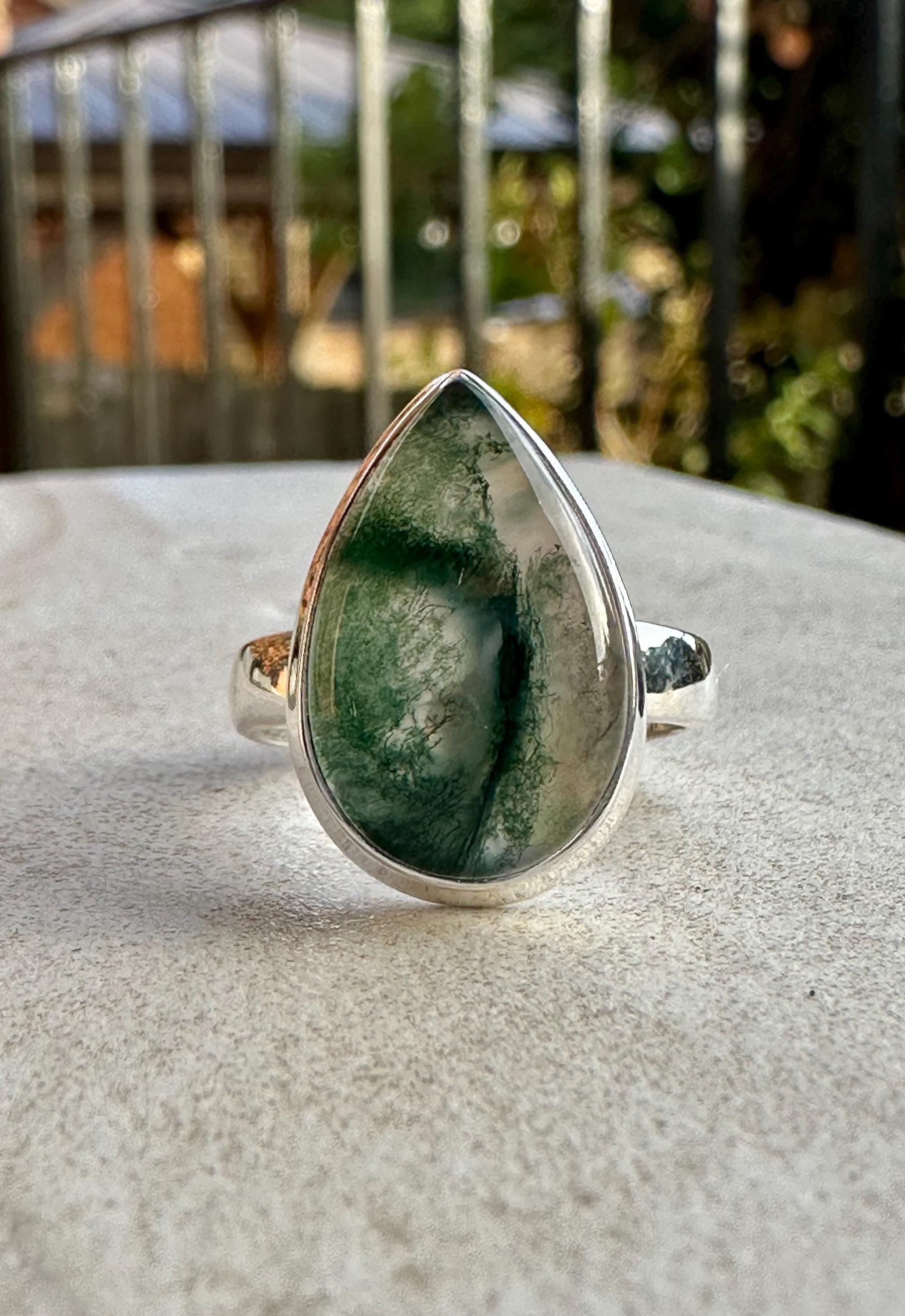 Moss Agate Sterling Silver Ring: Teardrop Gemstone, Handmade UK, Size 7