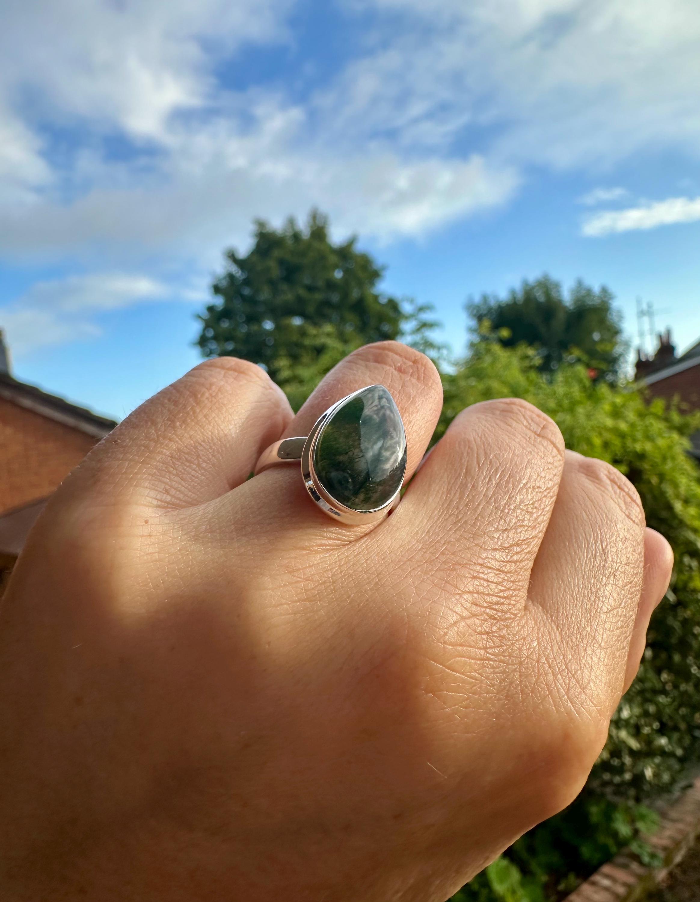 Moss Agate Sterling Silver Ring: Teardrop Gemstone, Handmade UK, Size 7