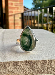 Moss Agate Sterling Silver Ring: Teardrop Gemstone, Handmade UK, Size 7