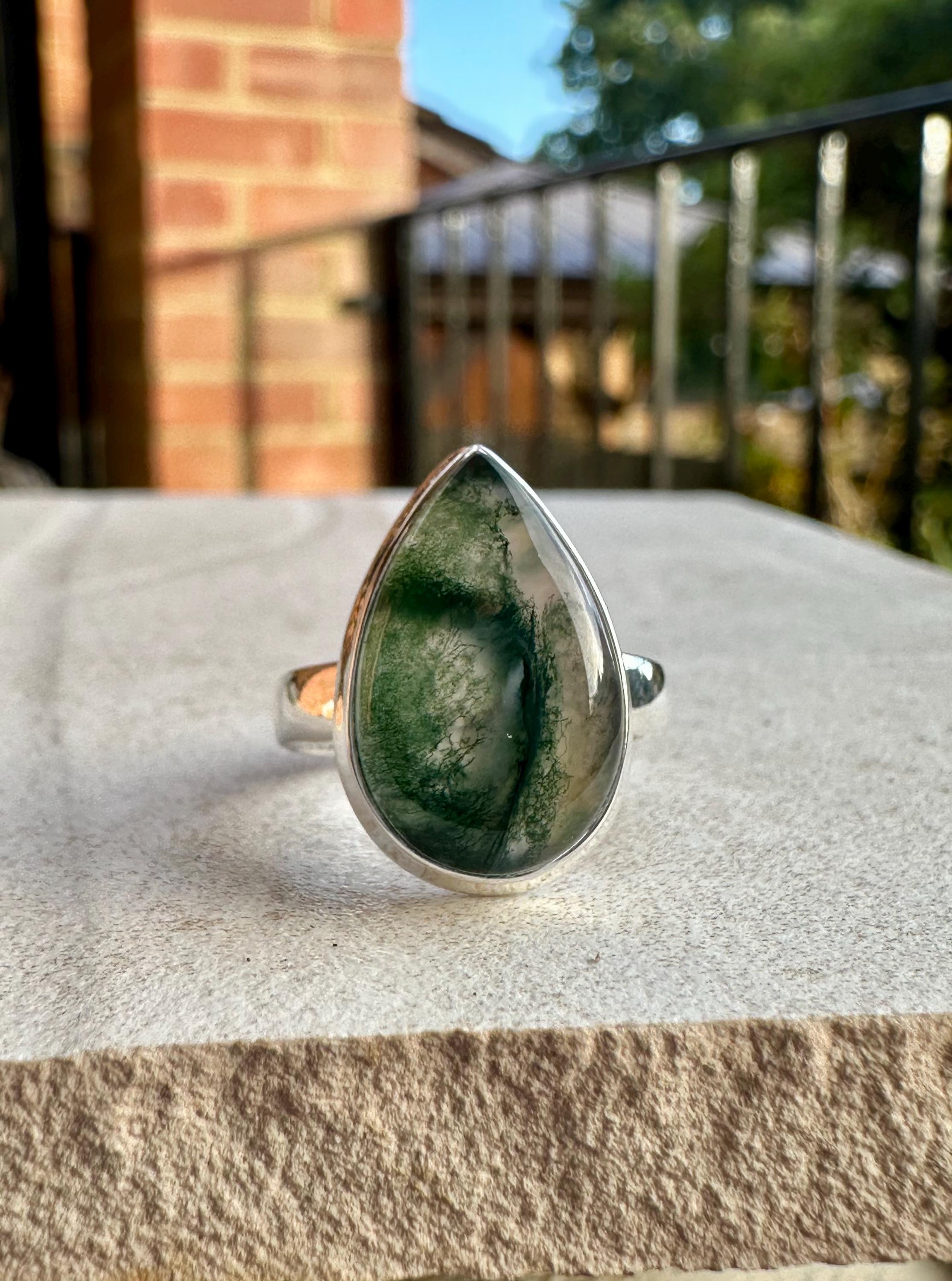 Moss Agate Sterling Silver Ring: Teardrop Gemstone, Handmade UK, Size 7