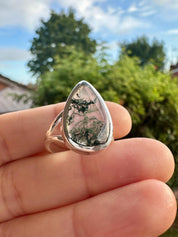 Moss Agate Ring: Teardrop Sterling Silver, Handmade UK - Size 8