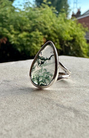 Moss Agate Ring: Teardrop Sterling Silver, Handmade UK - Size 8