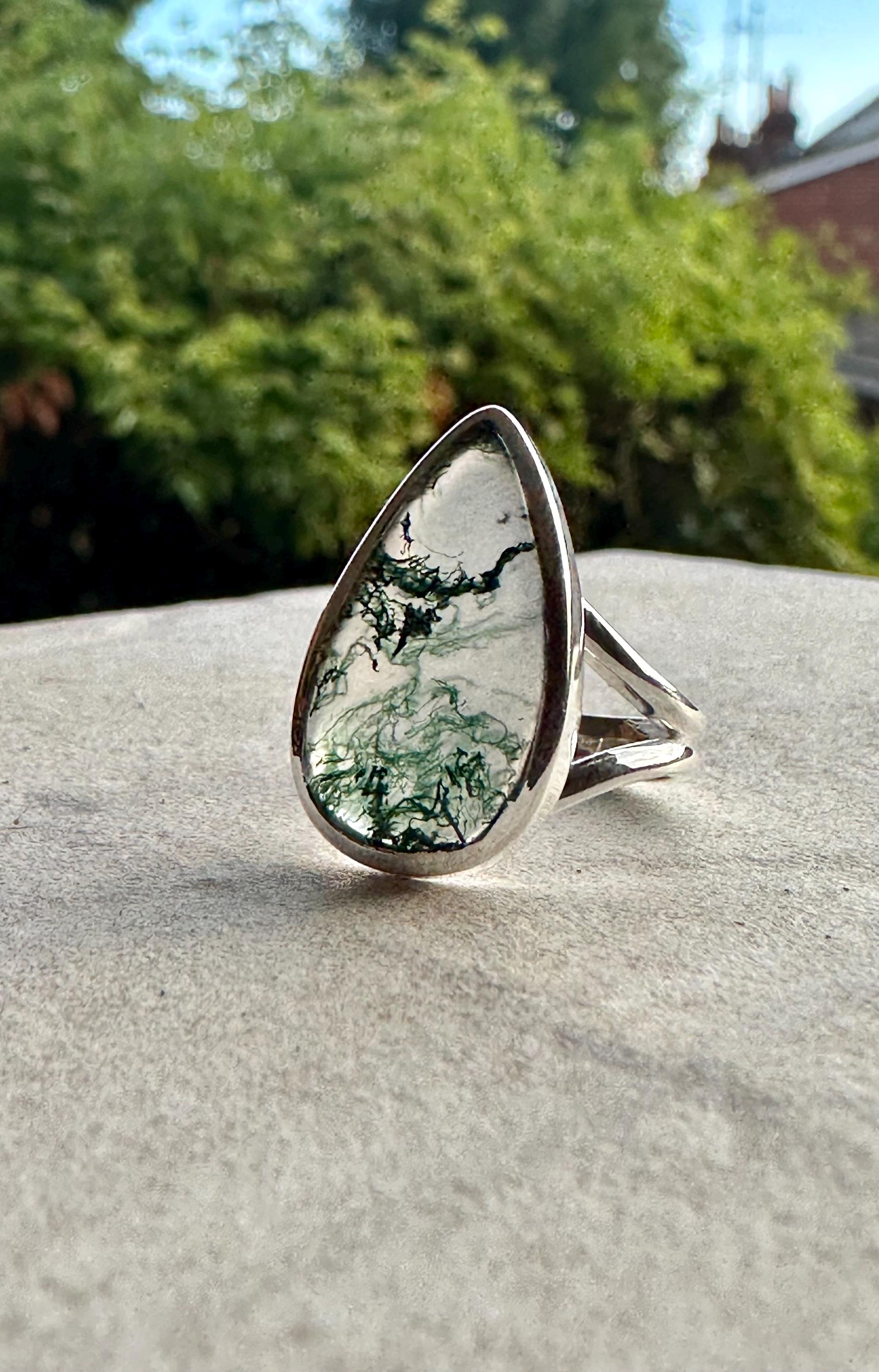 Moss Agate Ring: Teardrop Sterling Silver, Handmade UK - Size 8