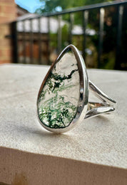 Moss Agate Ring: Teardrop Sterling Silver, Handmade UK - Size 8