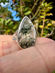 Moss Agate Ring: Teardrop Sterling Silver, Handmade UK - Size 8