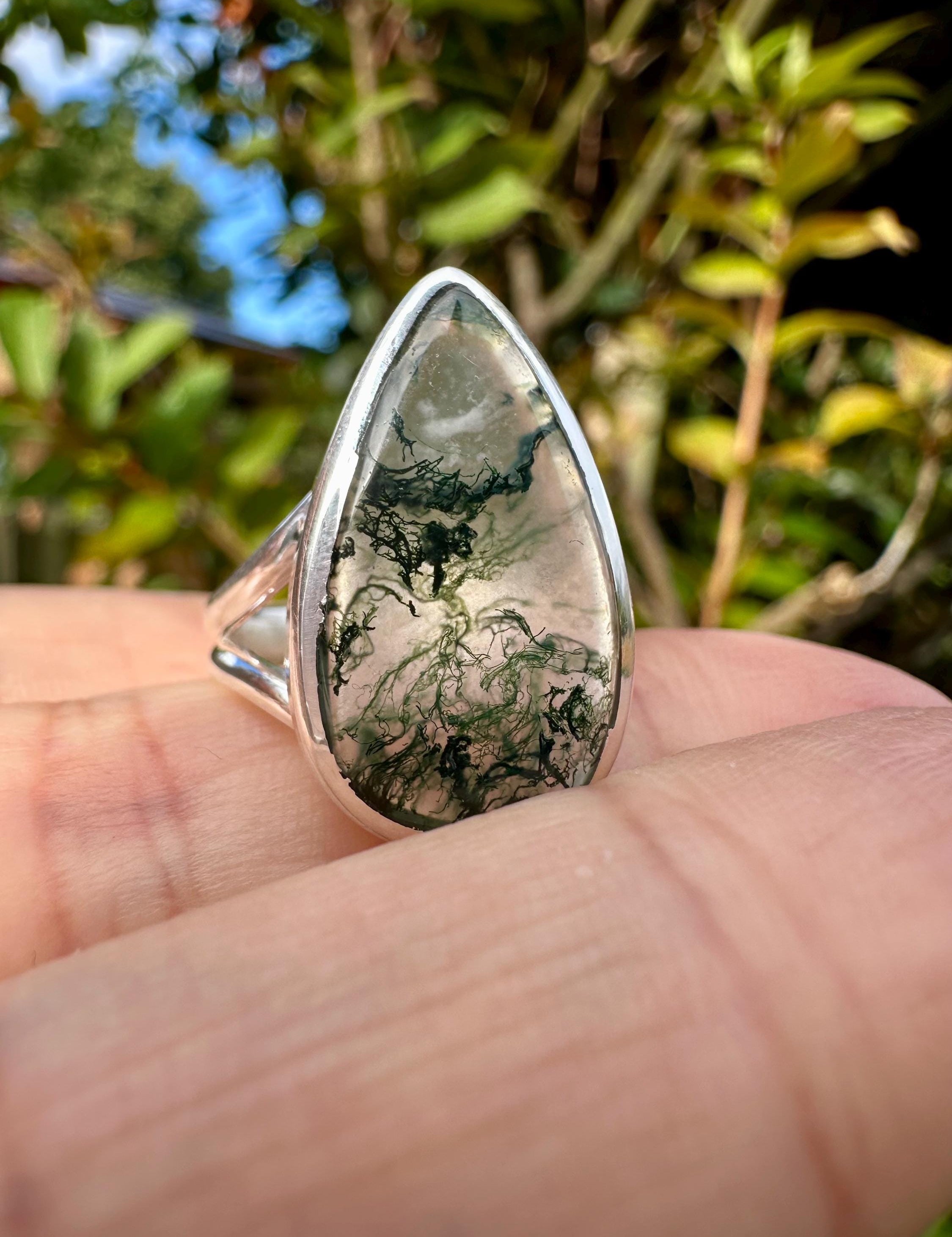 Moss Agate Ring: Teardrop Sterling Silver, Handmade UK - Size 8